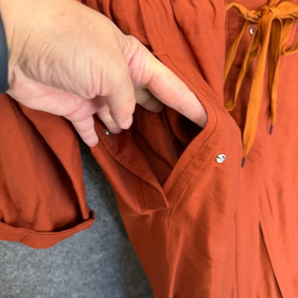 Womens Large Rust Orange Utility Coat Trench LONG Drawstring Long Rayon BBY1002 - Picture 15 of 16